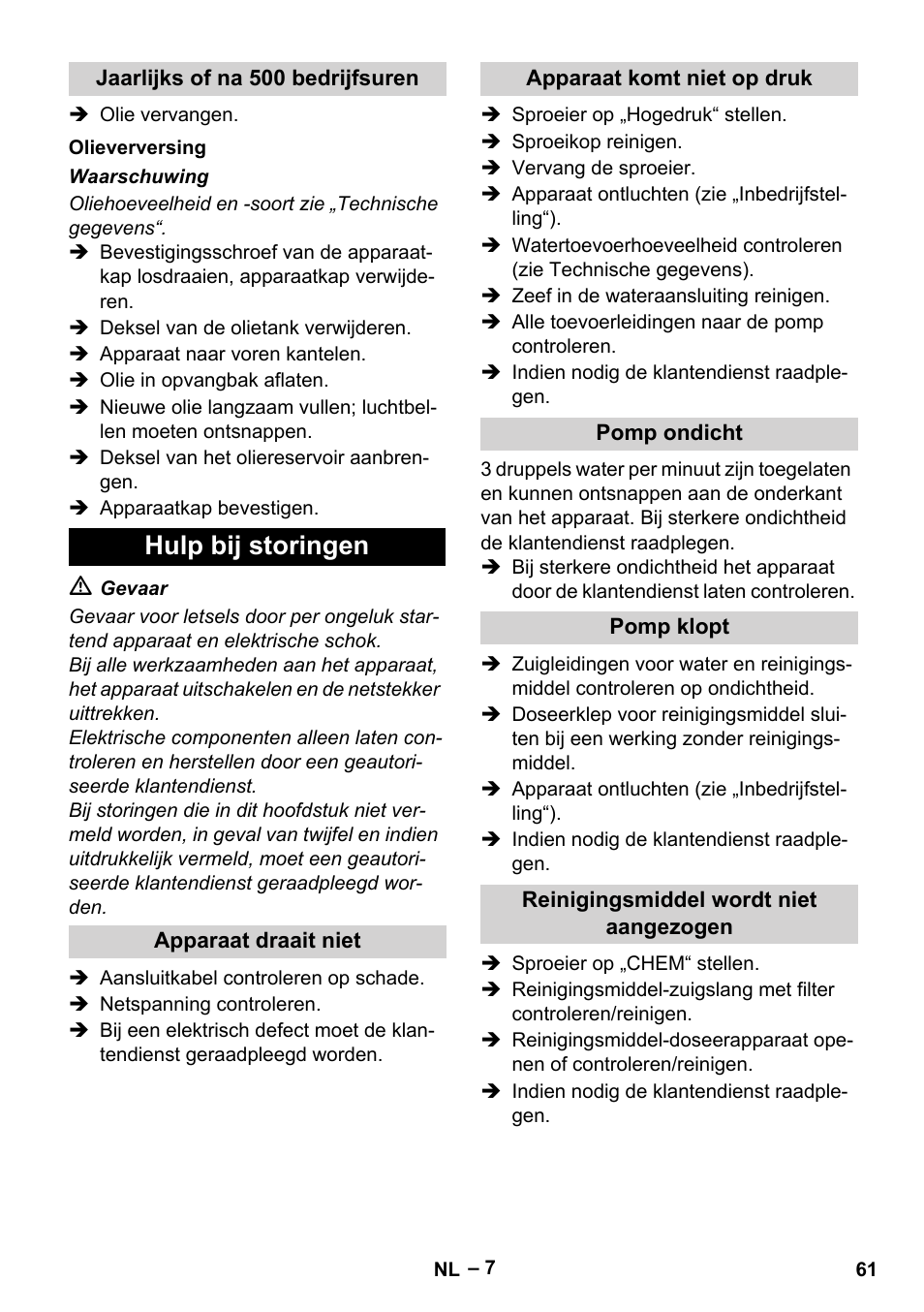 Hulp bij storingen | Karcher HD 6-12-4 CX Plus User Manual | Page 61 / 364