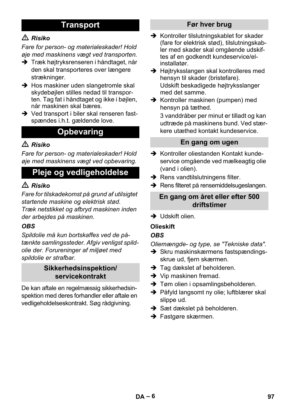 Transport opbevaring pleje og vedligeholdelse | Karcher HD 6-12-4 CX Plus User Manual | Page 97 / 364