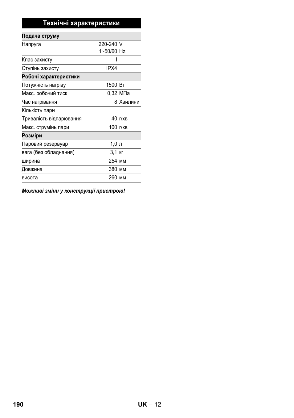 Технічні характеристики | Karcher SC 1-020 User Manual | Page 190 / 210