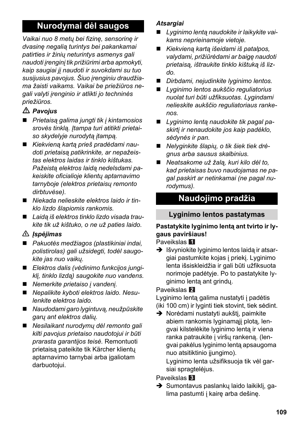 Nurodymai dėl saugos naudojimo pradžia | Karcher Stirerie SI 2-600 CB User Manual | Page 109 / 120
