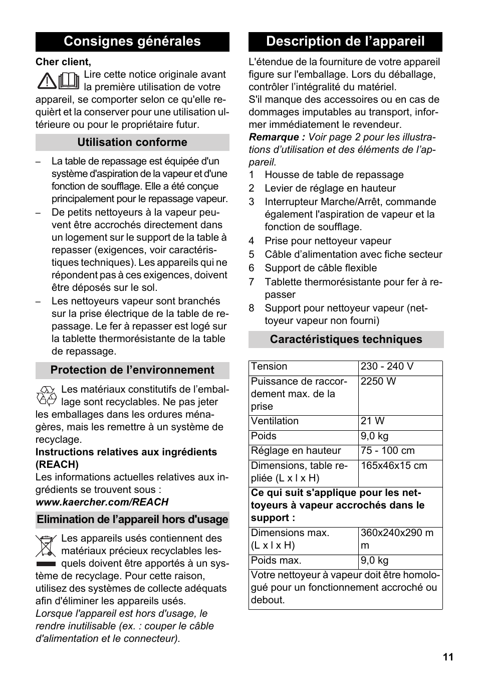 Français, Consignes générales, Description de l’appareil | Karcher Stirerie SI 2-600 CB User Manual | Page 11 / 120