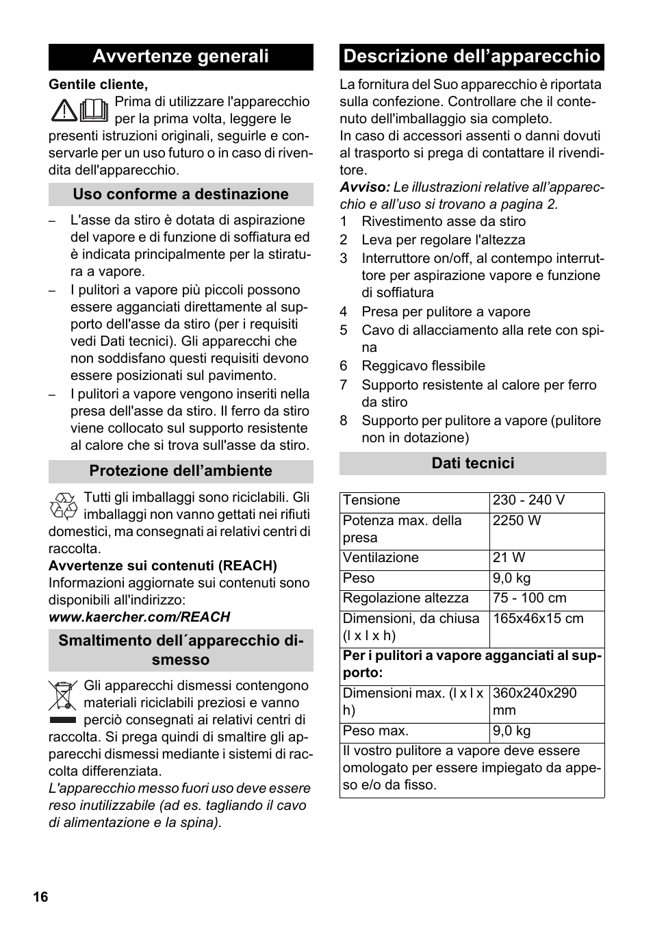 Italiano, Avvertenze generali, Descrizione dell’apparecchio | Karcher Stirerie SI 2-600 CB User Manual | Page 16 / 120