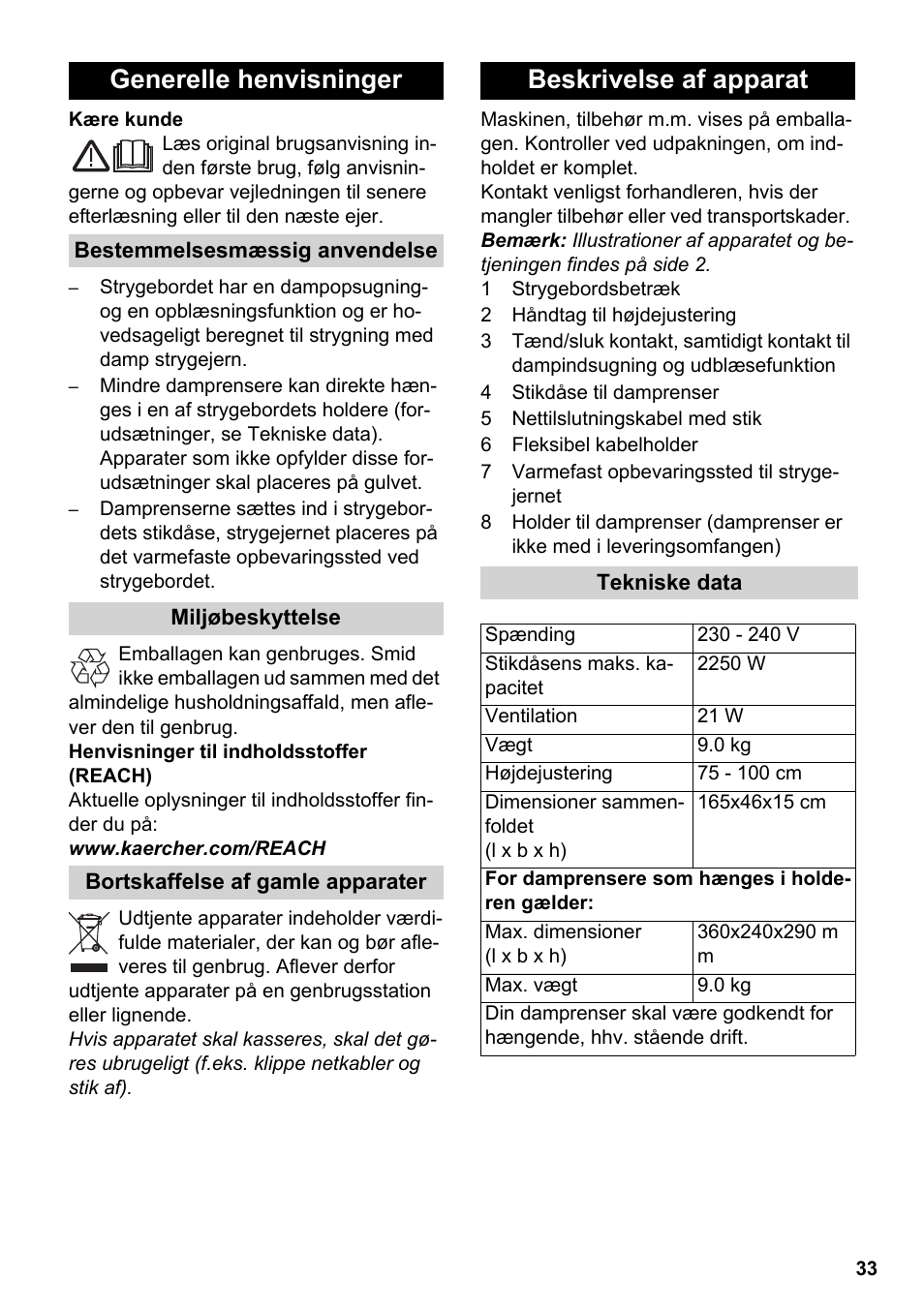 Dansk, Generelle henvisninger, Beskrivelse af apparat | Karcher Stirerie SI 2-600 CB User Manual | Page 33 / 120