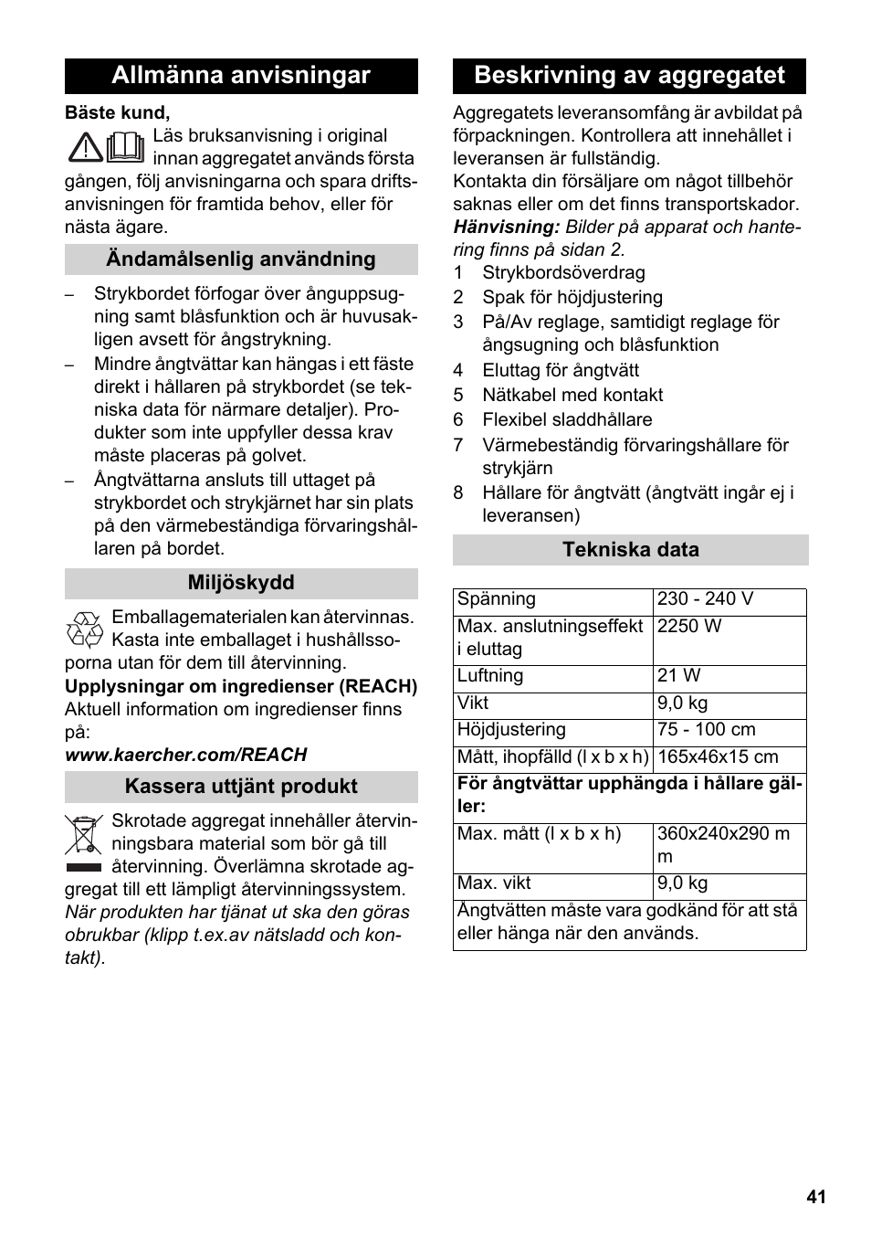 Svenska, Allmänna anvisningar, Beskrivning av aggregatet | Karcher Stirerie SI 2-600 CB User Manual | Page 41 / 120