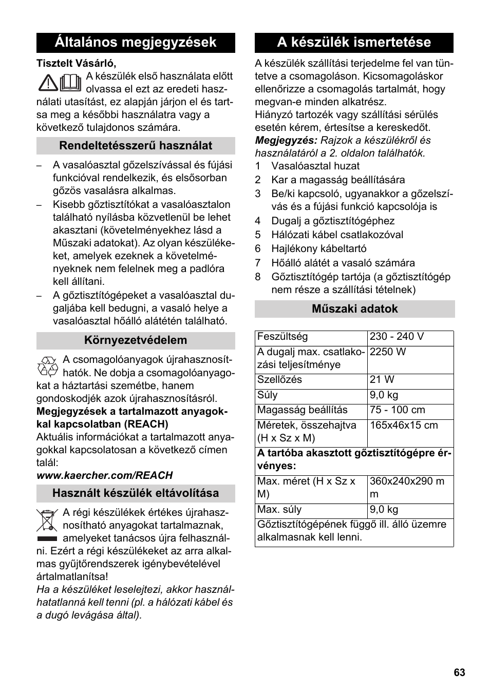 Magyar, Általános megjegyzések, A készülék ismertetése | Karcher Stirerie SI 2-600 CB User Manual | Page 63 / 120