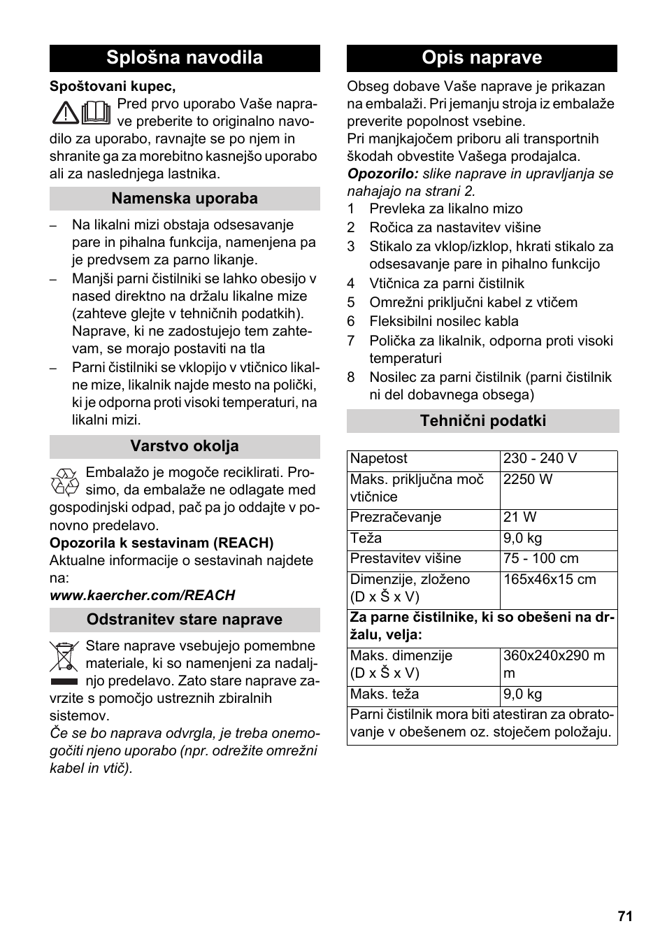 Slovenščina, Slovenšina, Splošna navodila | Opis naprave | Karcher Stirerie SI 2-600 CB User Manual | Page 71 / 120
