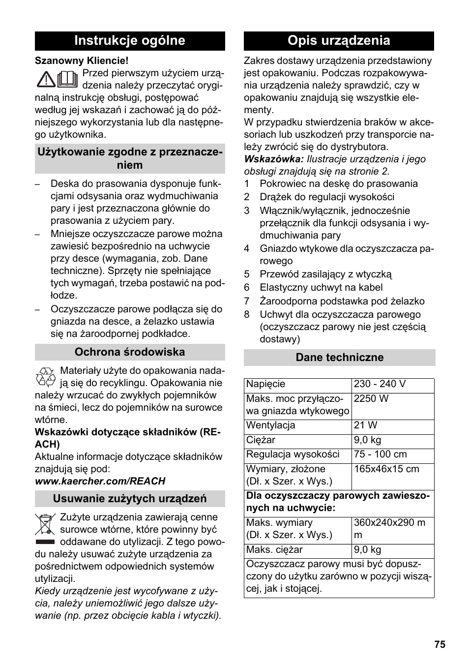 Polski, Instrukcje ogólne, Opis urządzenia | Karcher Stirerie SI 2-600 CB User Manual | Page 75 / 120
