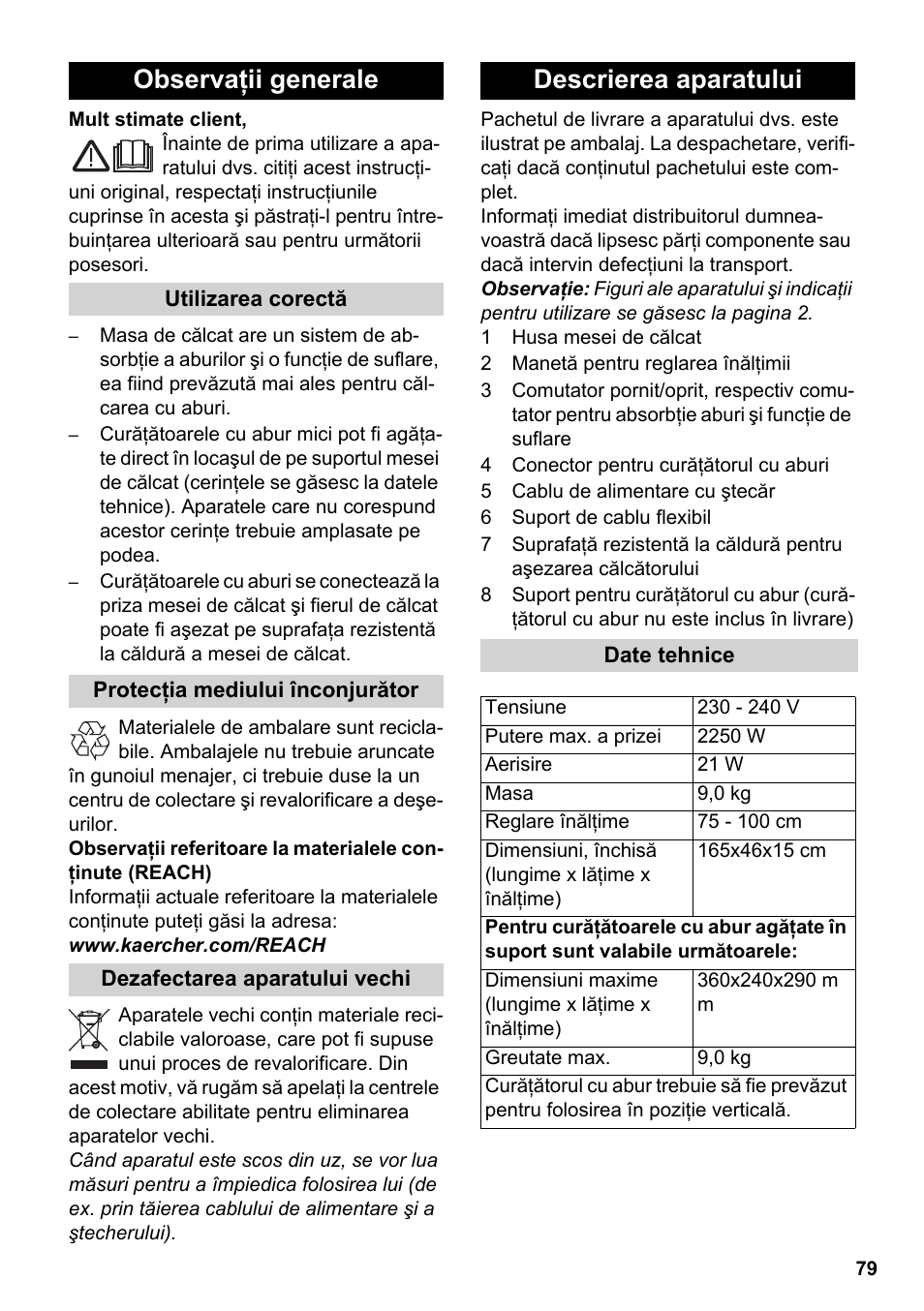 Româneşte, Românete, Observaţii generale | Descrierea aparatului | Karcher Stirerie SI 2-600 CB User Manual | Page 79 / 120
