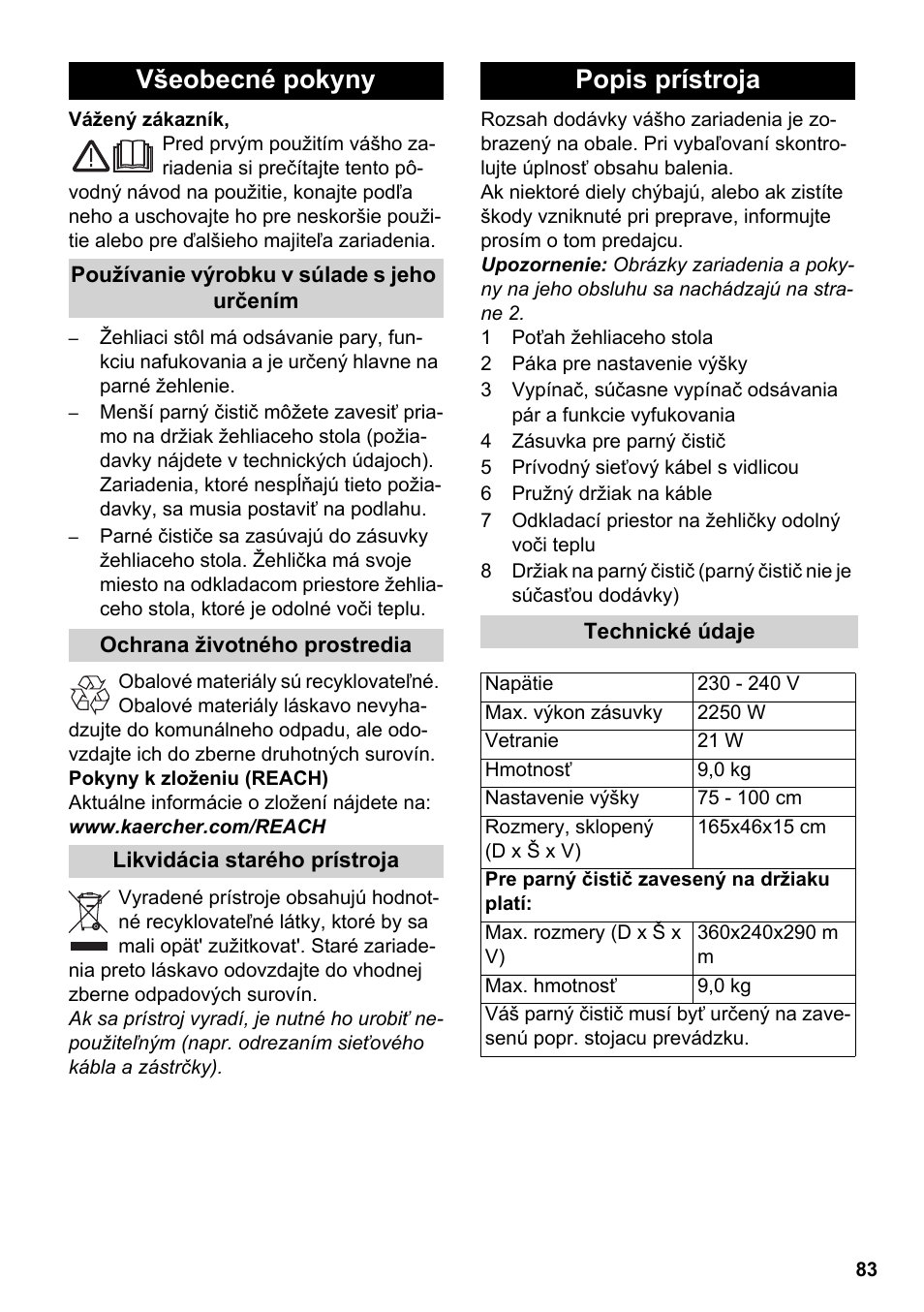 Slovenčina, Slovenina, Všeobecné pokyny | Popis prístroja | Karcher Stirerie SI 2-600 CB User Manual | Page 83 / 120