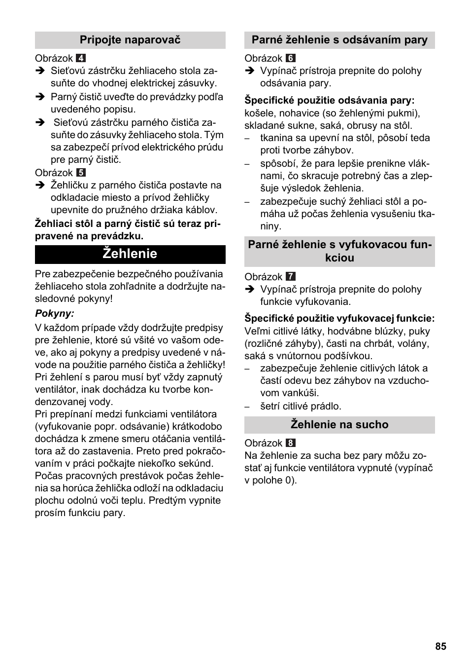Žehlenie | Karcher Stirerie SI 2-600 CB User Manual | Page 85 / 120