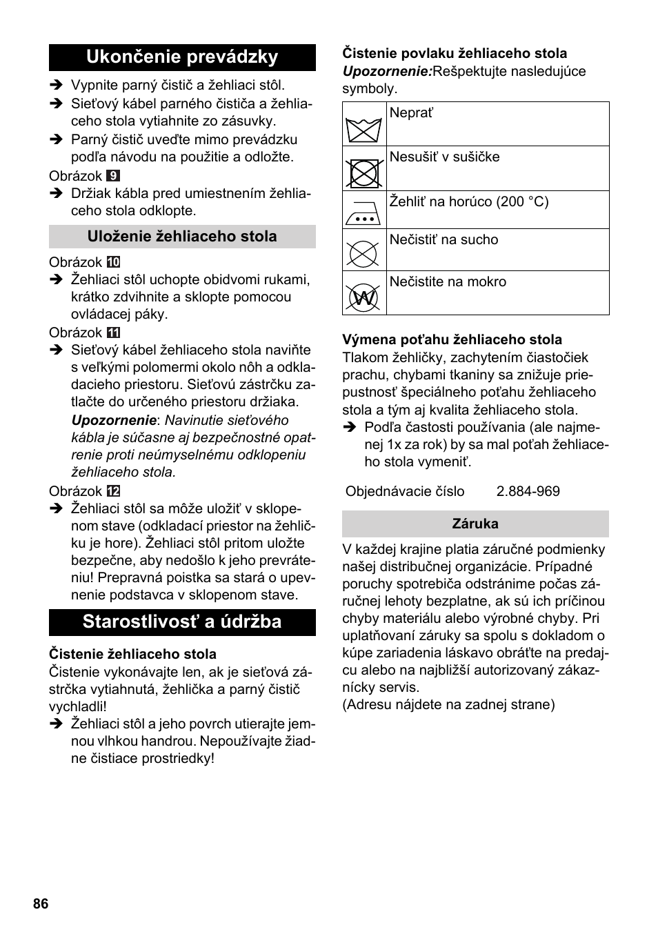 Ukončenie prevádzky, Starostlivosť a údržba | Karcher Stirerie SI 2-600 CB User Manual | Page 86 / 120