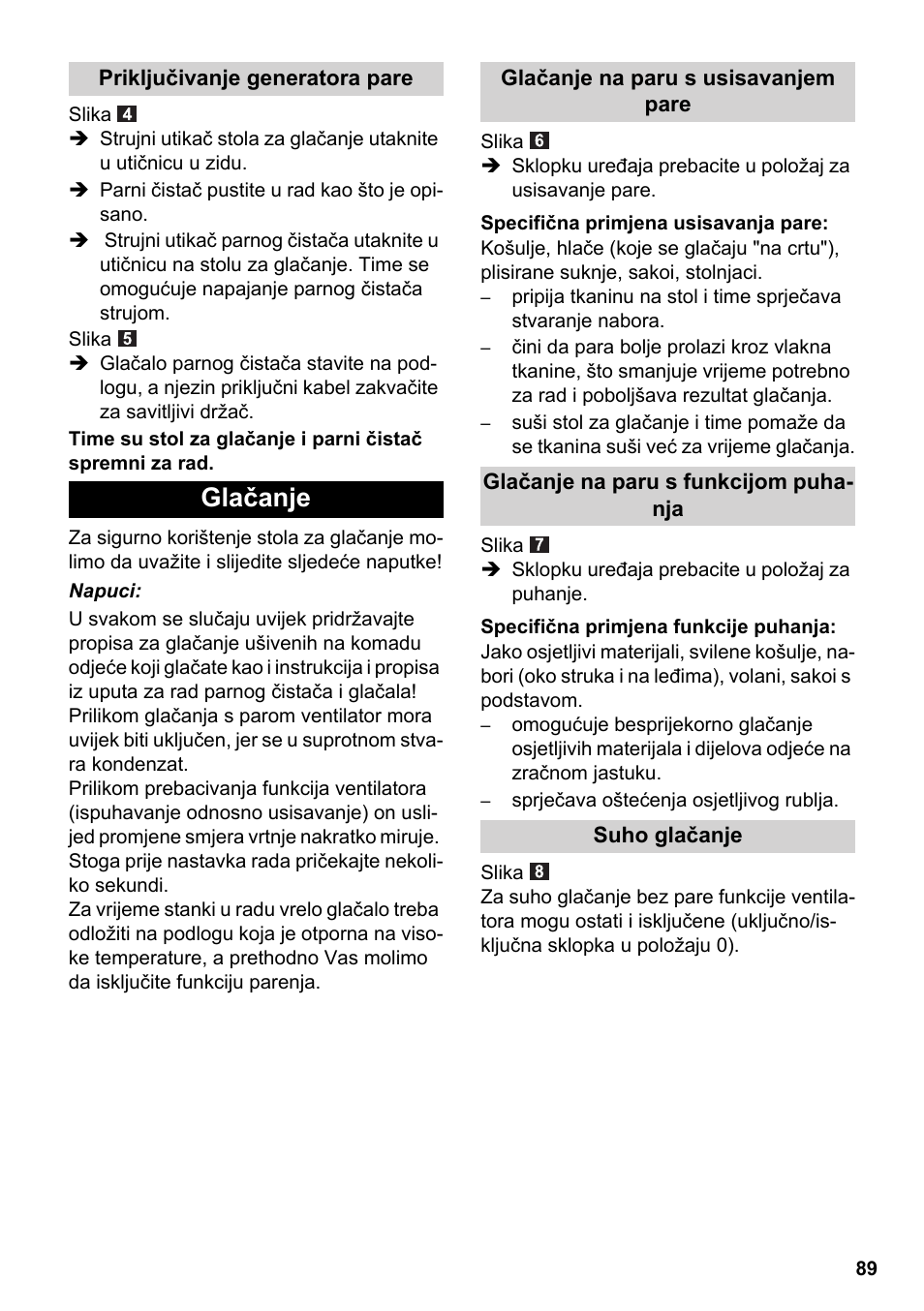 Glačanje | Karcher Stirerie SI 2-600 CB User Manual | Page 89 / 120