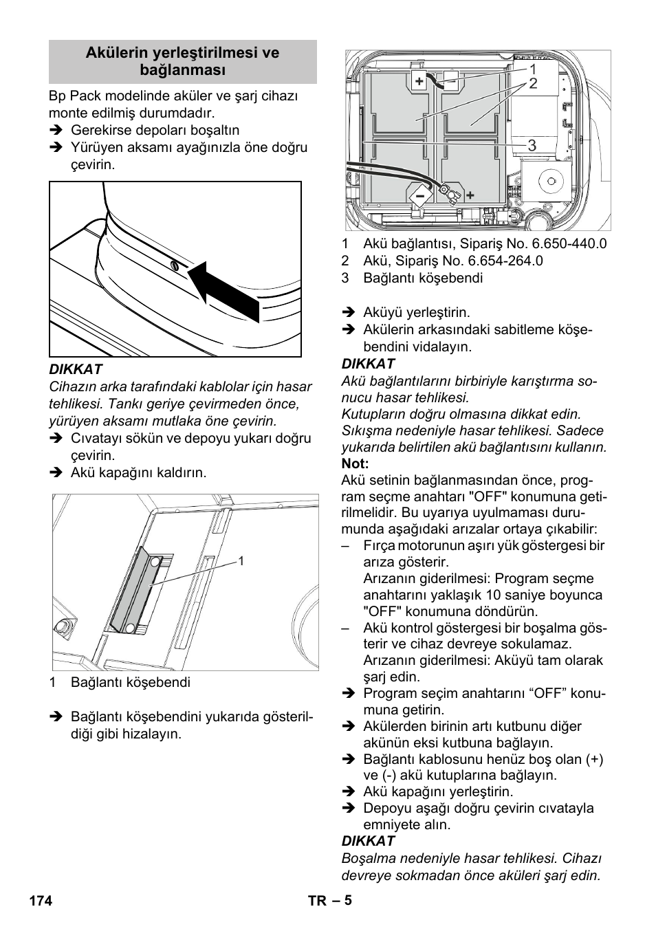 Akülerin yerleştirilmesi ve bağlanması | Karcher BD 40-25 C Bp Pack User Manual | Page 174 / 380