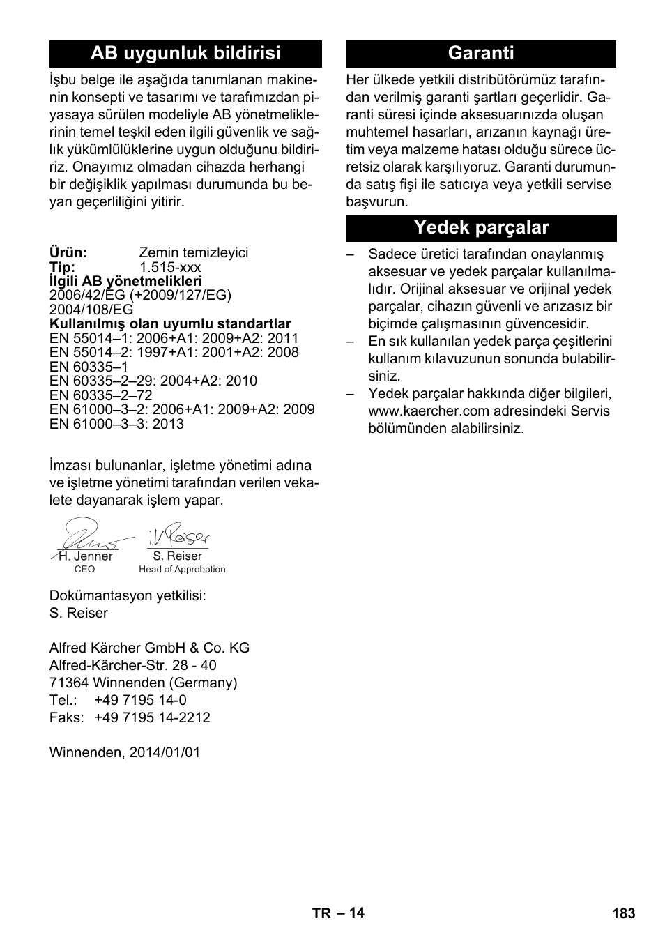 Ab uygunluk bildirisi, Garanti, Yedek parçalar | Garanti yedek parçalar | Karcher BD 40-25 C Bp Pack User Manual | Page 183 / 380