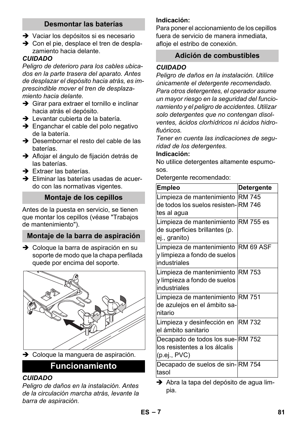 Desmontar las baterías, Montaje de los cepillos, Montaje de la barra de aspiración | Funcionamiento, Adición de combustibles | Karcher BD 40-25 C Bp Pack User Manual | Page 81 / 380