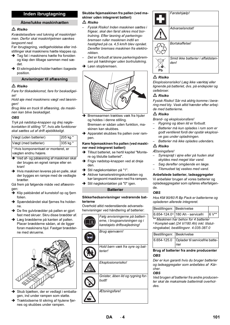 Inden ibrugtagning | Karcher KM 90-60 R Bp Pack Advanced User Manual | Page 101 / 376