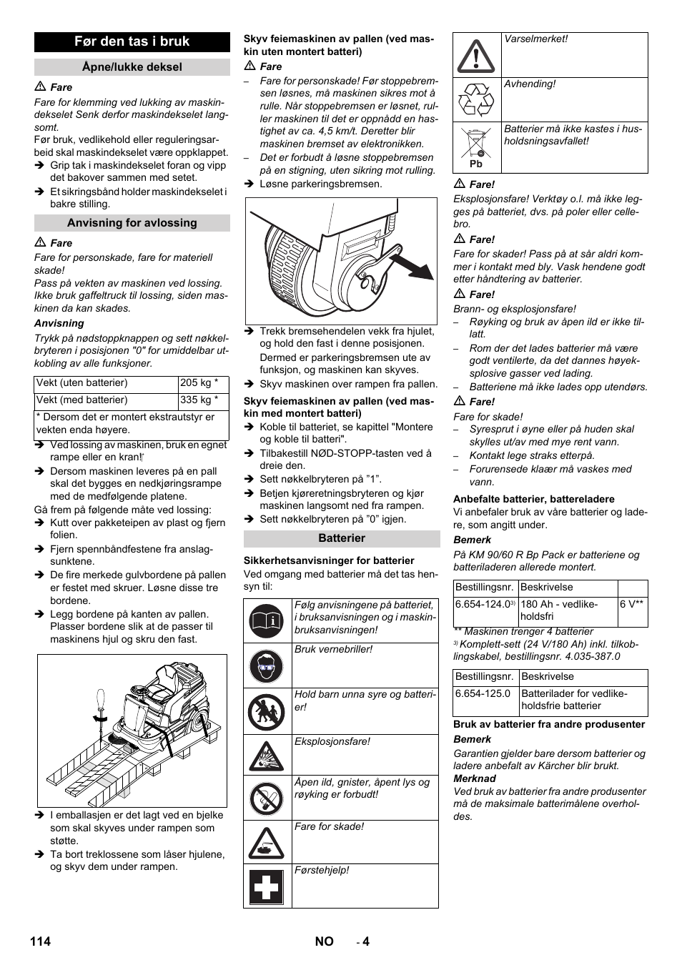 Før den tas i bruk | Karcher KM 90-60 R Bp Pack Advanced User Manual | Page 114 / 376