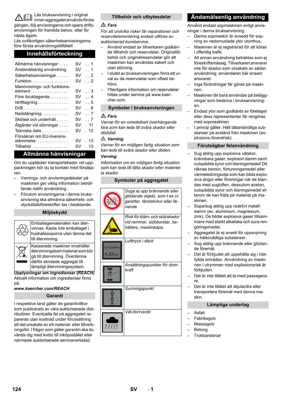 Svenska, Innehållsförteckning, Allmänna hänvisningar | Ändamålsenlig användning | Karcher KM 90-60 R Bp Pack Advanced User Manual | Page 124 / 376
