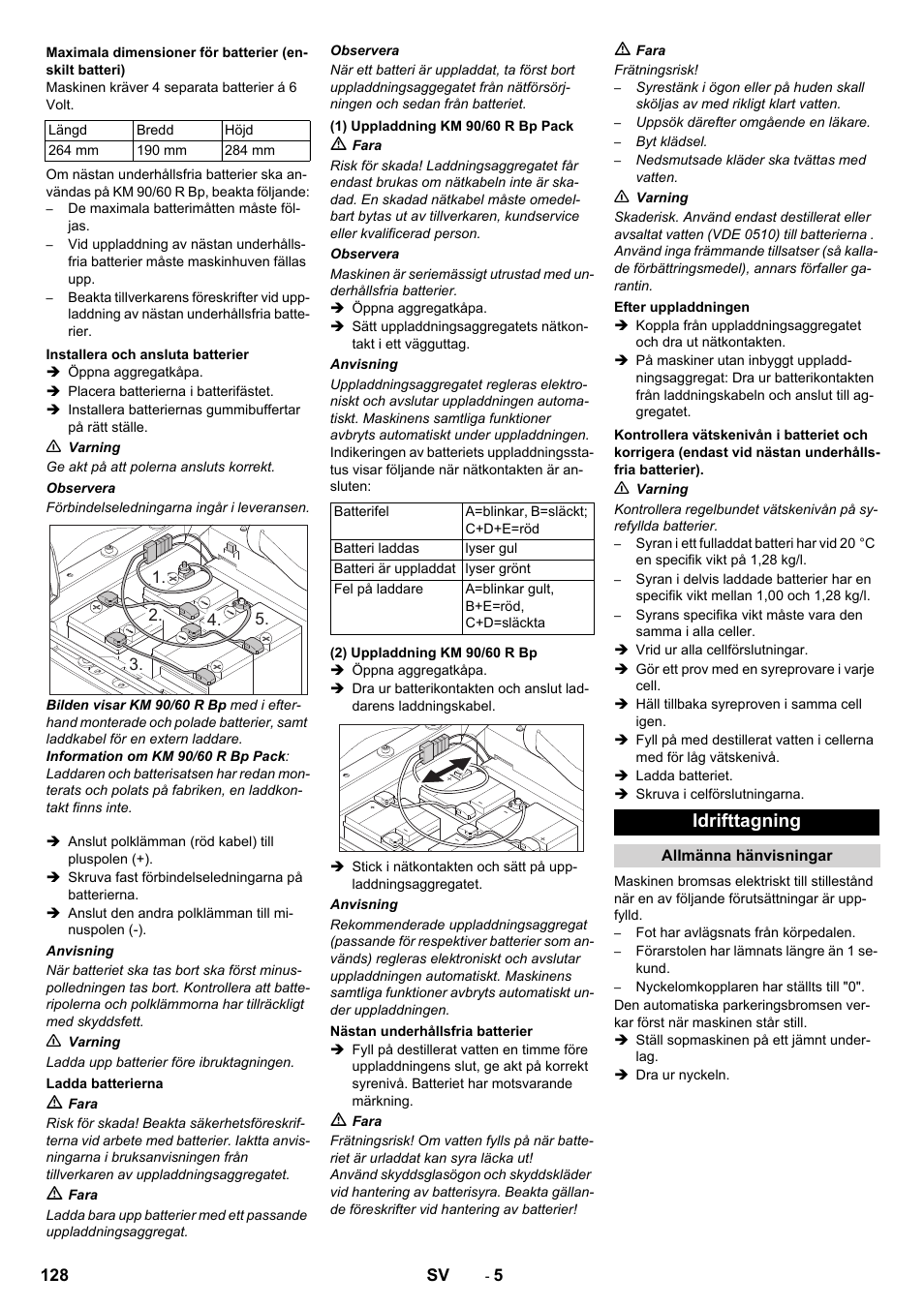 Idrifttagning | Karcher KM 90-60 R Bp Pack Advanced User Manual | Page 128 / 376