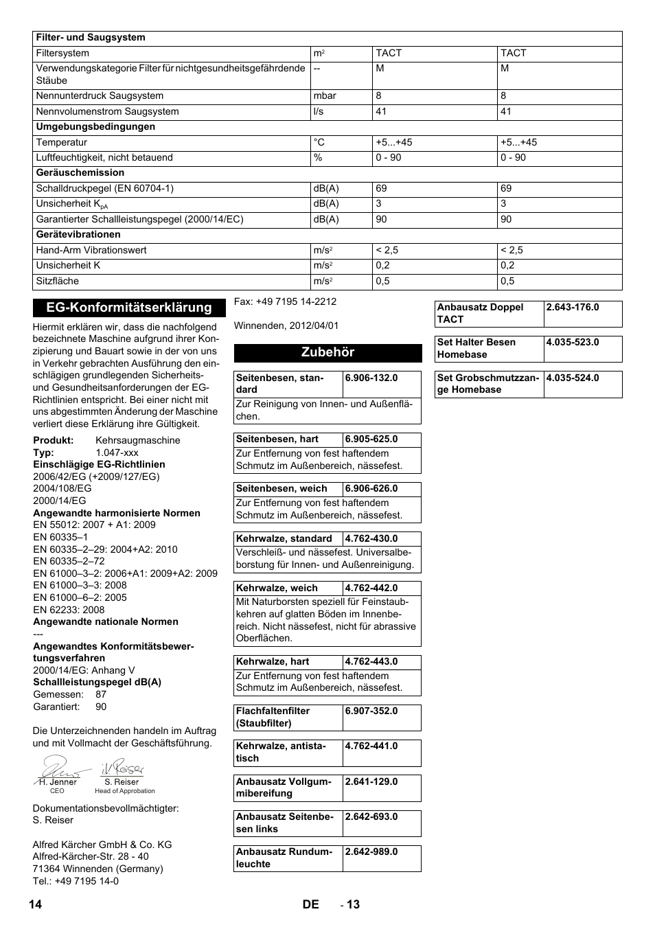Eg-konformitätserklärung, Zubehör | Karcher KM 90-60 R Bp Pack Advanced User Manual | Page 14 / 376