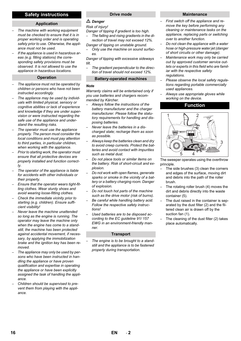 Safety instructions, Function | Karcher KM 90-60 R Bp Pack Advanced User Manual | Page 16 / 376