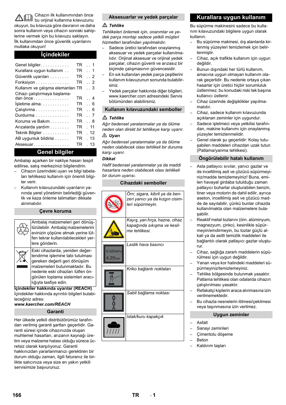 Türkçe, Içindekiler, Genel bilgiler | Kurallara uygun kullanım | Karcher KM 90-60 R Bp Pack Advanced User Manual | Page 166 / 376