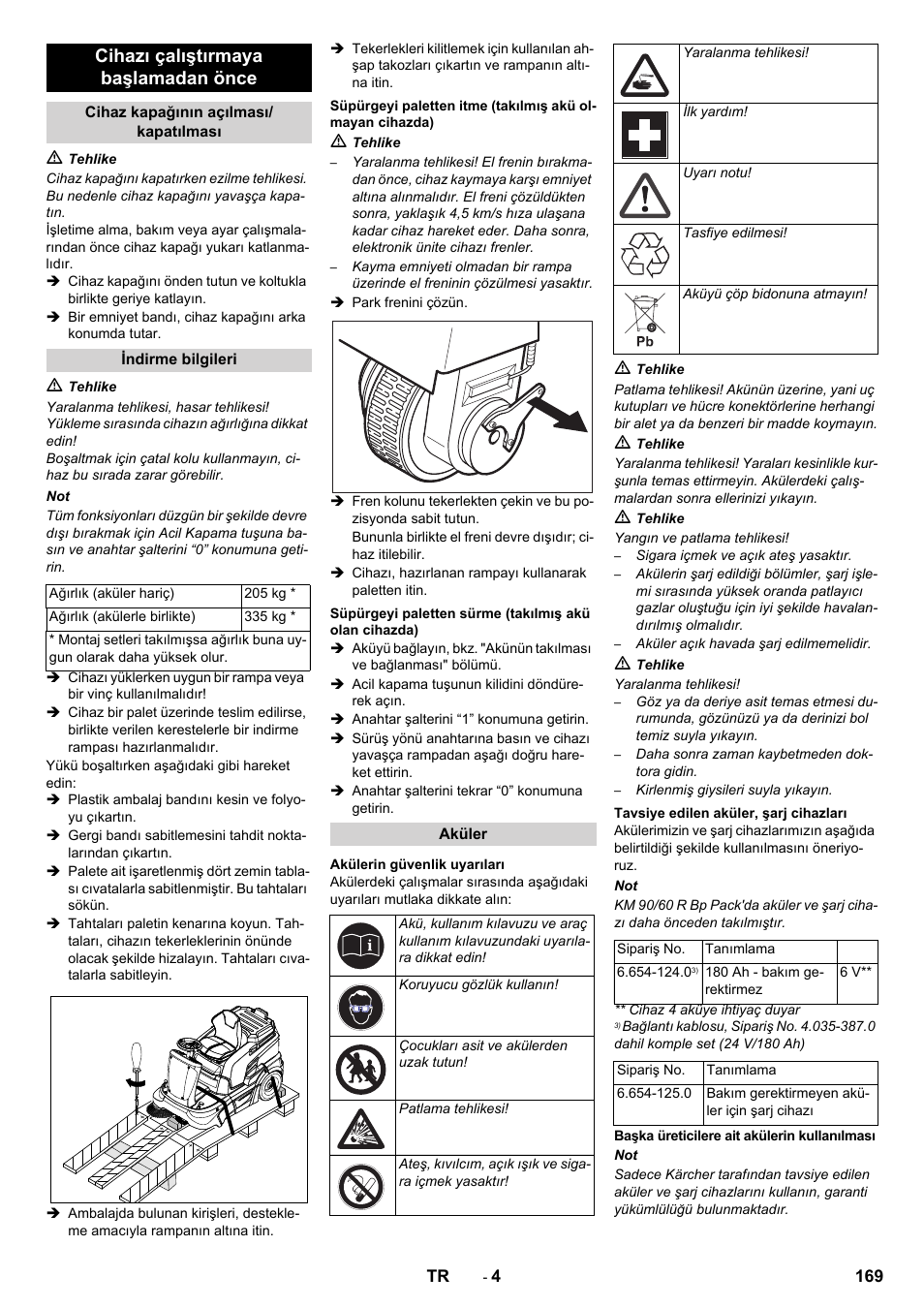 Cihazı çalıştırmaya başlamadan önce | Karcher KM 90-60 R Bp Pack Advanced User Manual | Page 169 / 376