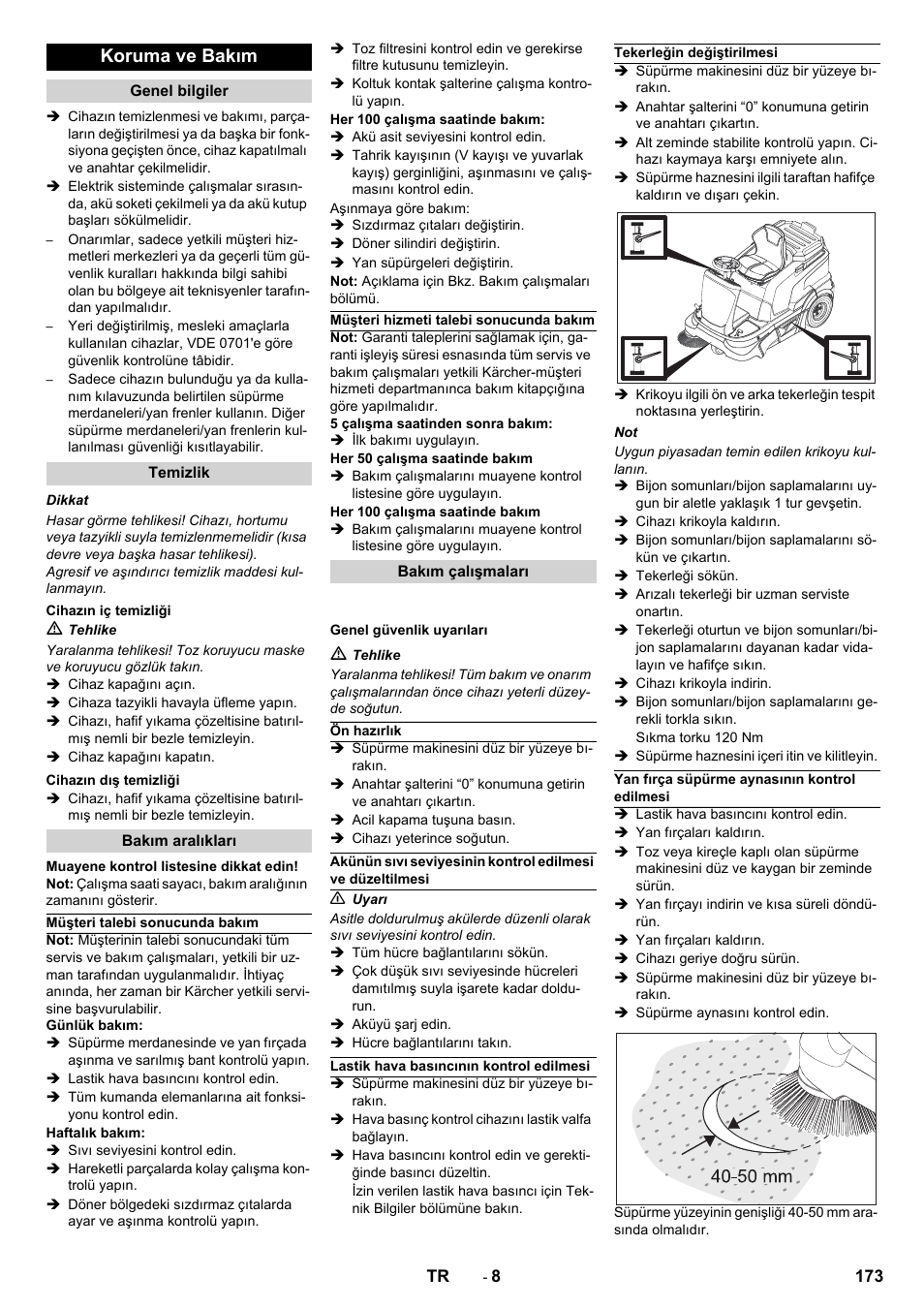Koruma ve bakım | Karcher KM 90-60 R Bp Pack Advanced User Manual | Page 173 / 376
