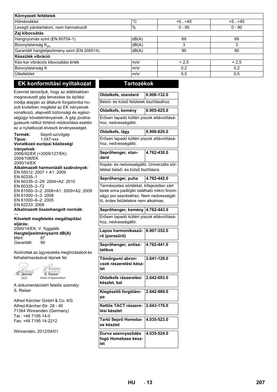 Ek konformitási nyiltakozat, Tartozékok | Karcher KM 90-60 R Bp Pack Advanced User Manual | Page 207 / 376