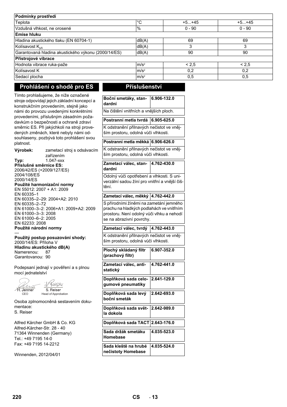 Prohlášení o shodě pro es, Příslušenství | Karcher KM 90-60 R Bp Pack Advanced User Manual | Page 220 / 376
