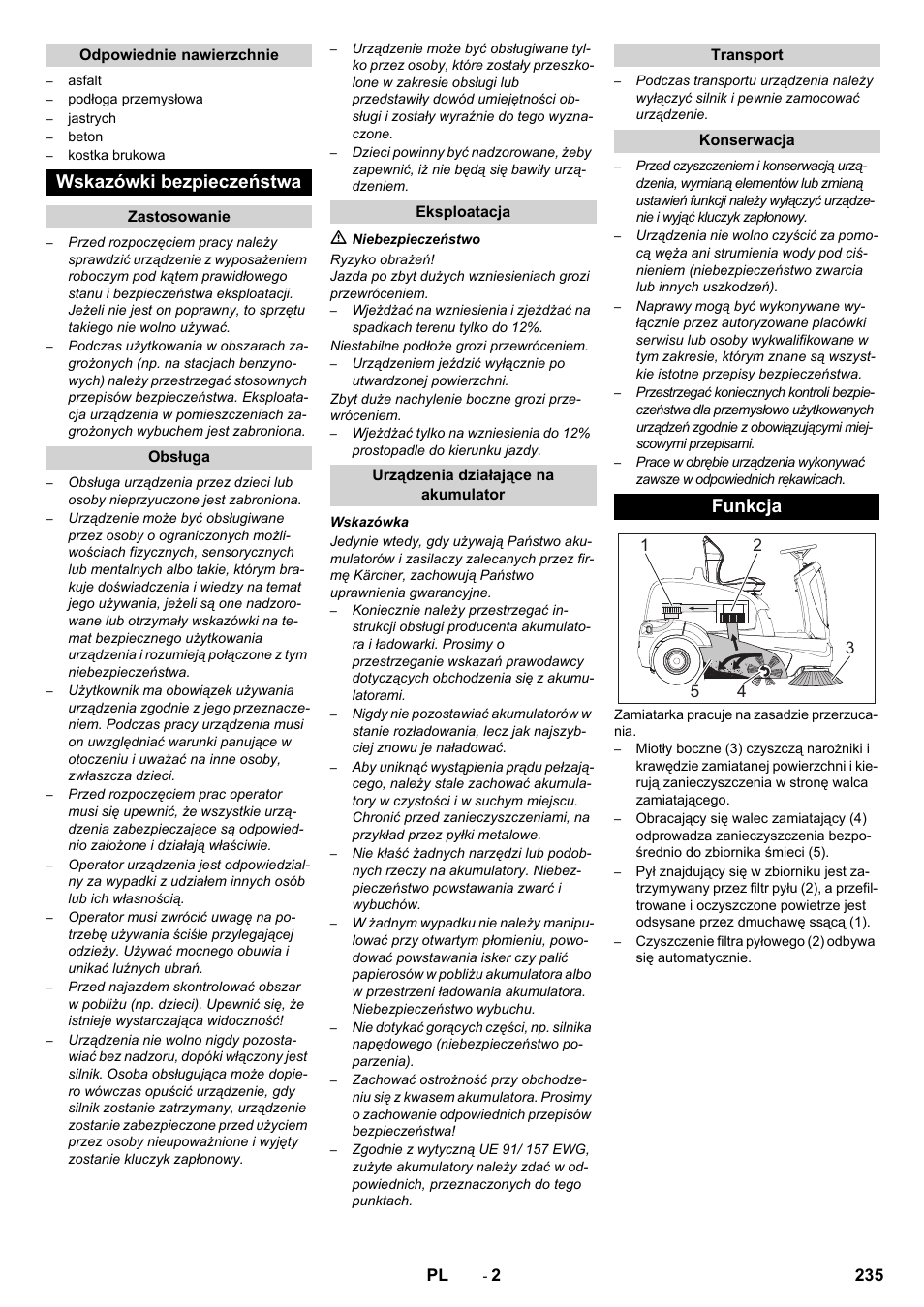 Wskazówki bezpieczeństwa, Funkcja | Karcher KM 90-60 R Bp Pack Advanced User Manual | Page 235 / 376