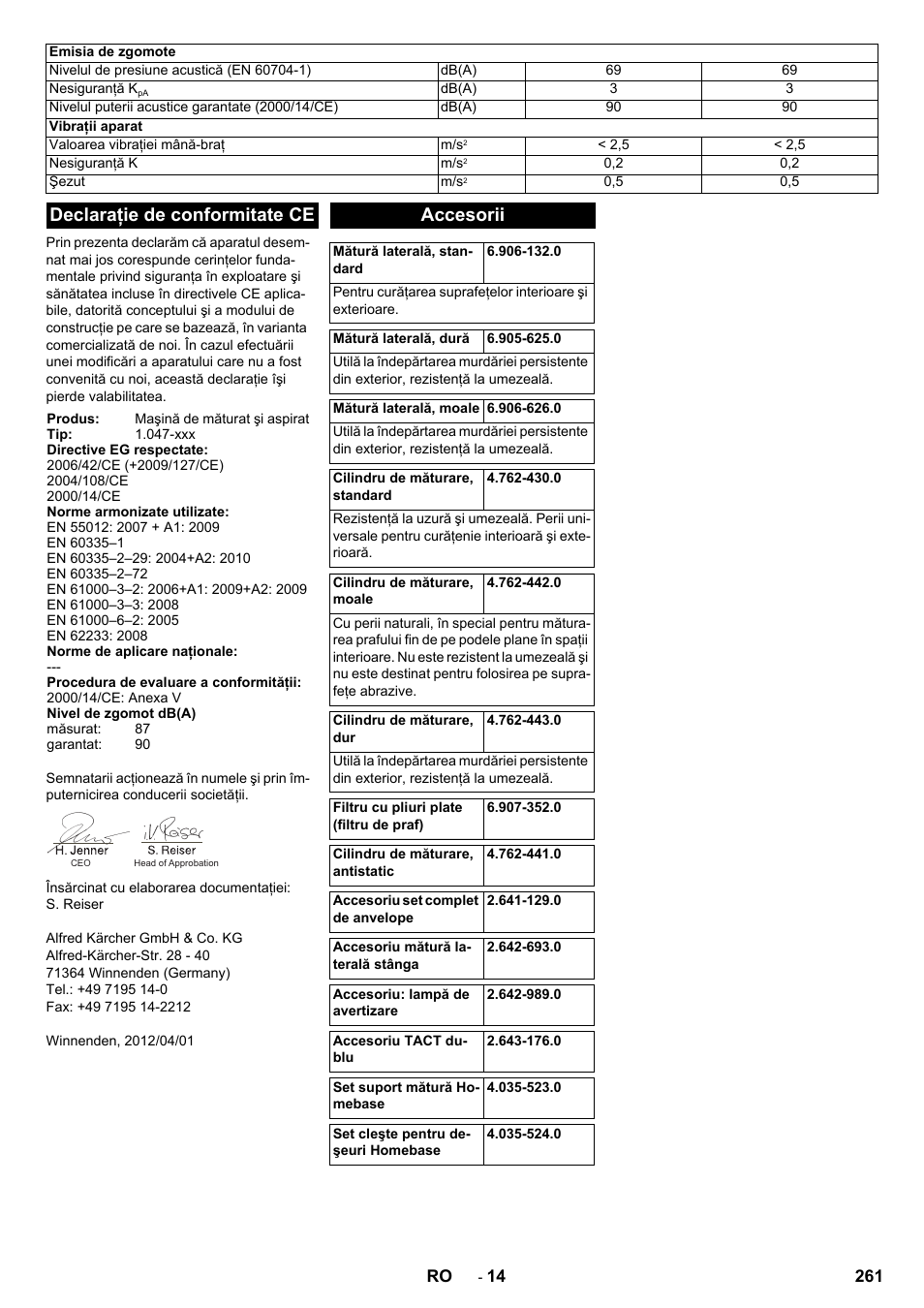 Declaraţie de conformitate ce, Accesorii | Karcher KM 90-60 R Bp Pack Advanced User Manual | Page 261 / 376