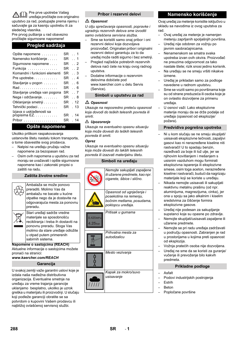 Srpski, Pregled sadržaja, Opšte napomene | Namensko korišćenje | Karcher KM 90-60 R Bp Pack Advanced User Manual | Page 288 / 376