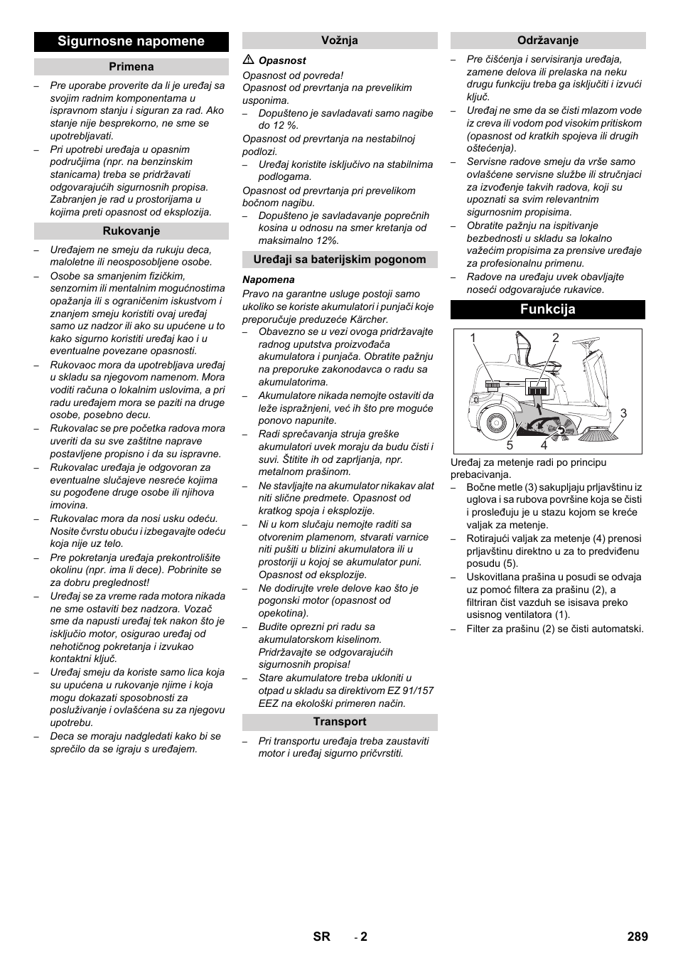 Sigurnosne napomene, Funkcija | Karcher KM 90-60 R Bp Pack Advanced User Manual | Page 289 / 376