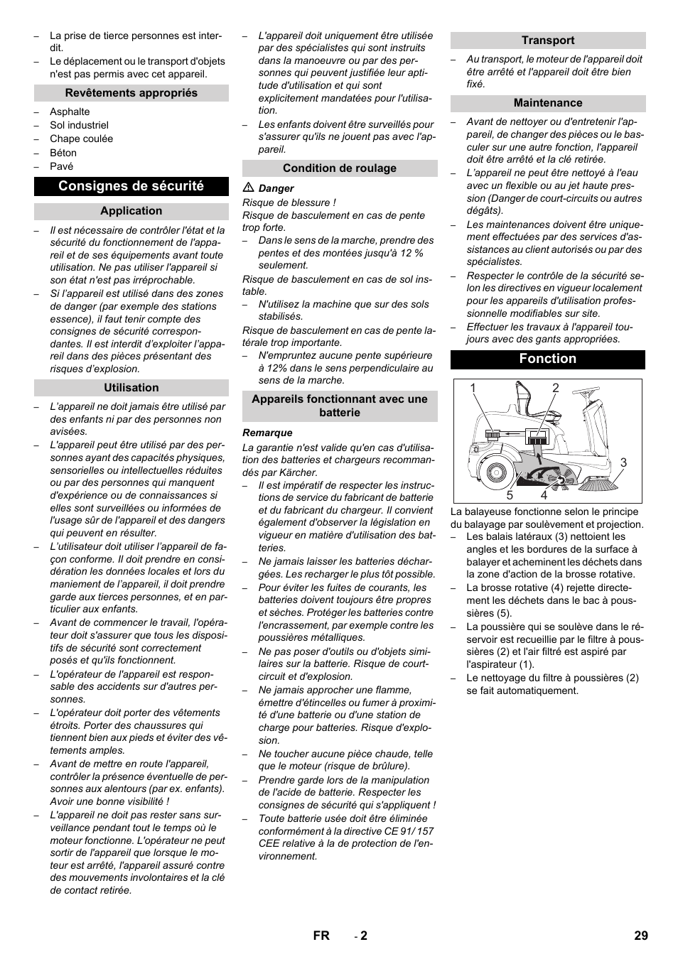 Consignes de sécurité, Fonction | Karcher KM 90-60 R Bp Pack Advanced User Manual | Page 29 / 376