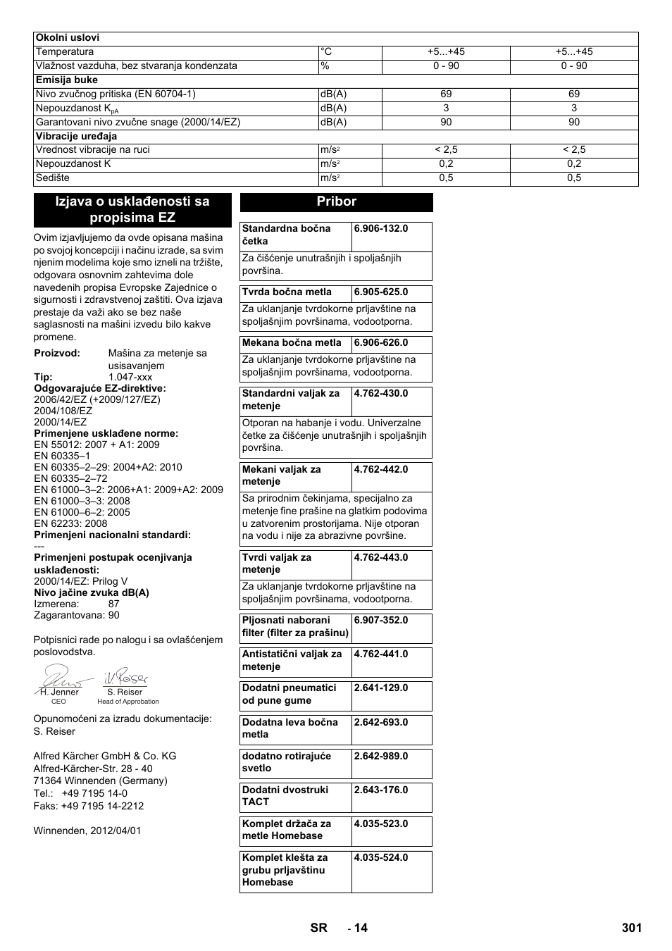 Izjava o usklađenosti sa propisima ez, Pribor | Karcher KM 90-60 R Bp Pack Advanced User Manual | Page 301 / 376