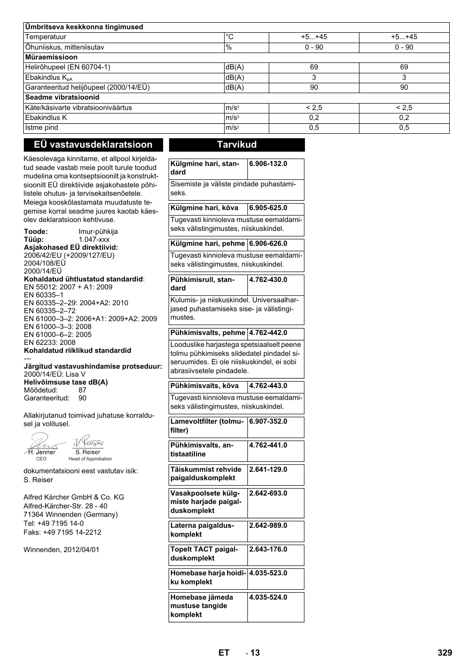Eü vastavusdeklaratsioon, Tarvikud | Karcher KM 90-60 R Bp Pack Advanced User Manual | Page 329 / 376