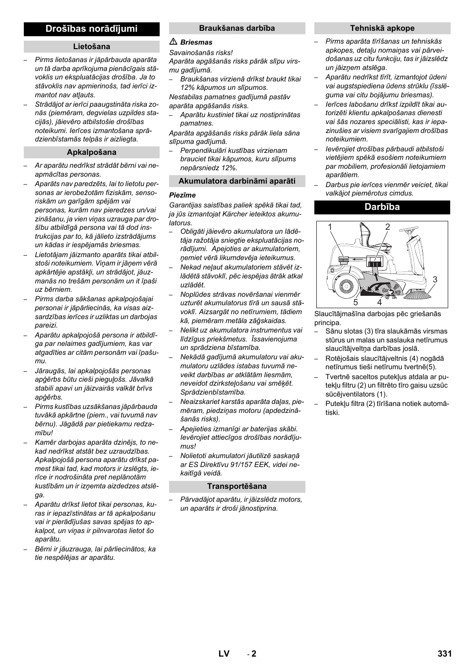 Drošības norādījumi, Darbība | Karcher KM 90-60 R Bp Pack Advanced User Manual | Page 331 / 376