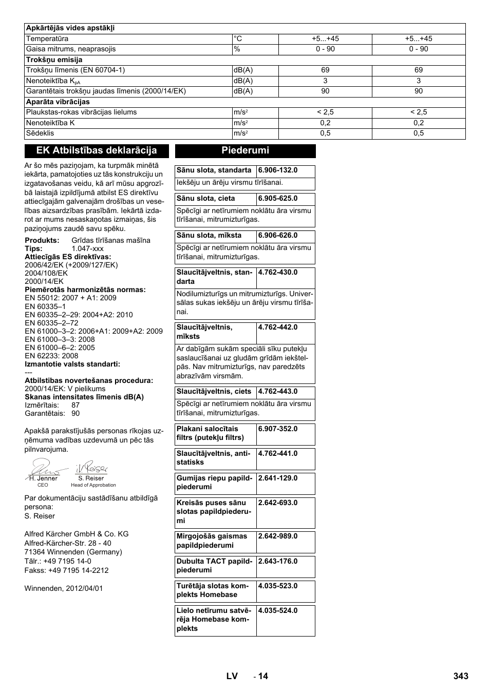 Ek atbilstības deklarācija, Piederumi | Karcher KM 90-60 R Bp Pack Advanced User Manual | Page 343 / 376