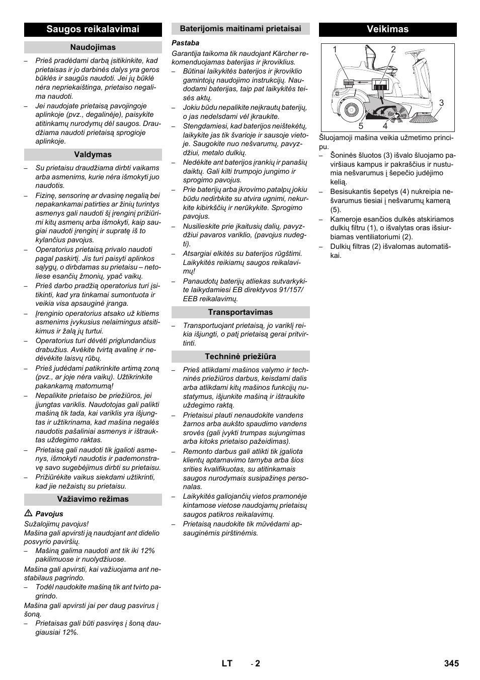 Saugos reikalavimai, Veikimas | Karcher KM 90-60 R Bp Pack Advanced User Manual | Page 345 / 376