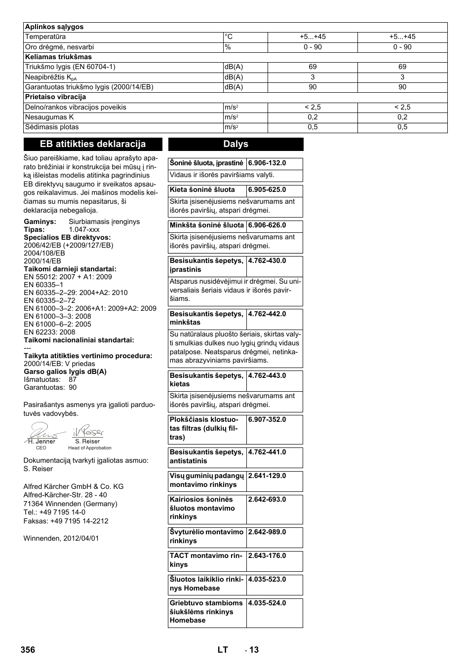 Eb atitikties deklaracija, Dalys | Karcher KM 90-60 R Bp Pack Advanced User Manual | Page 356 / 376