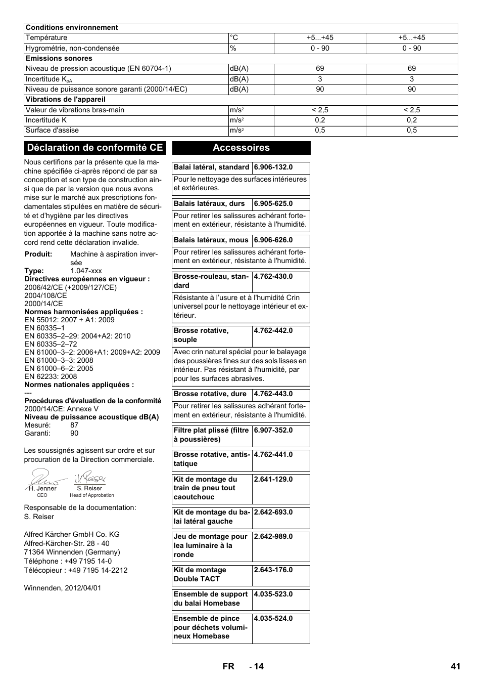 Déclaration de conformité ce, Accessoires | Karcher KM 90-60 R Bp Pack Advanced User Manual | Page 41 / 376