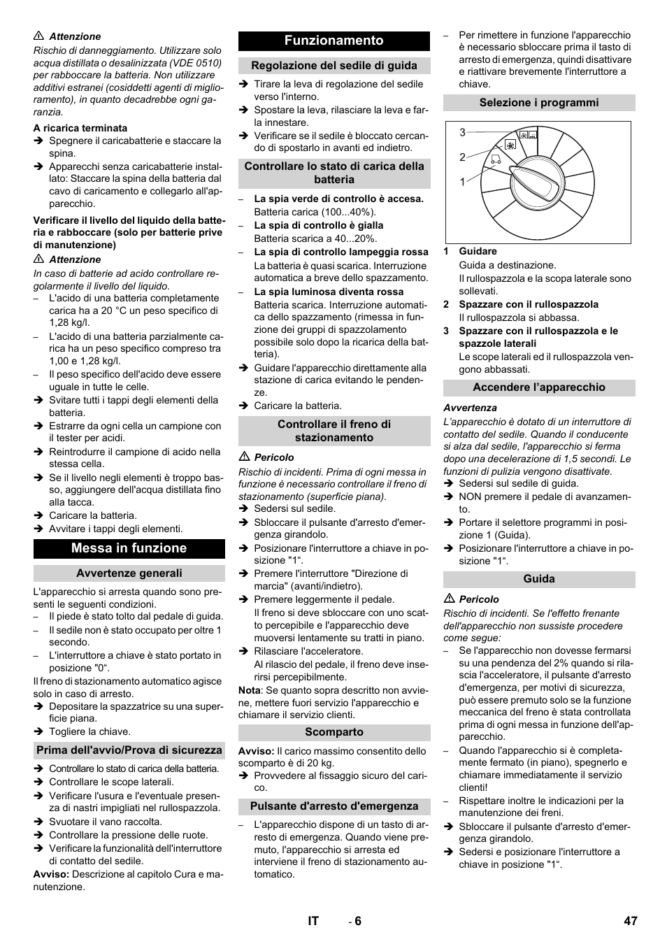 Messa in funzione, Funzionamento | Karcher KM 90-60 R Bp Pack Advanced User Manual | Page 47 / 376