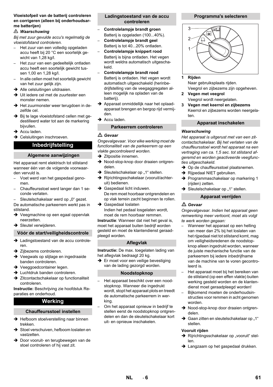 Inbedrijfstelling, Werking | Karcher KM 90-60 R Bp Pack Advanced User Manual | Page 61 / 376
