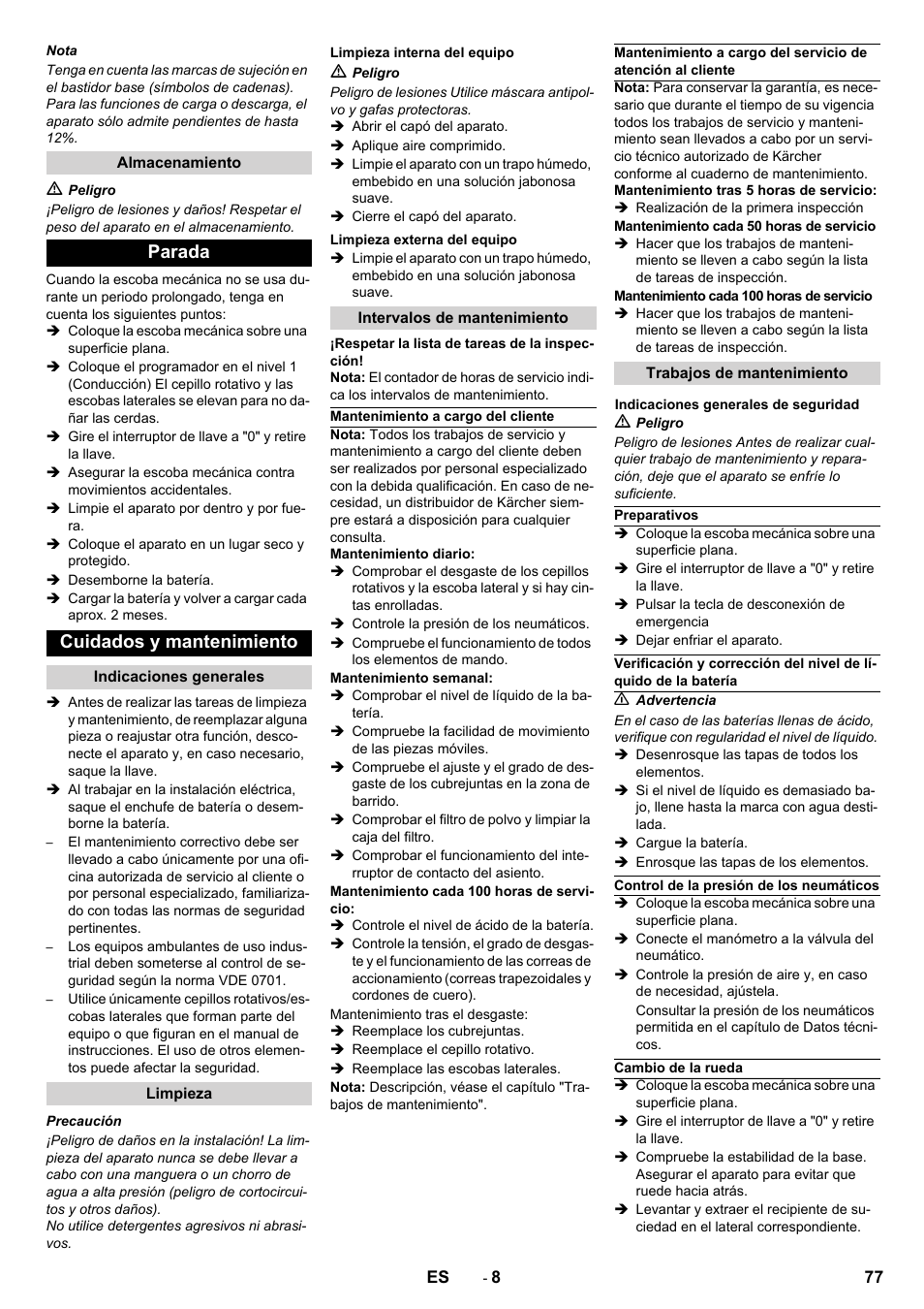 Parada cuidados y mantenimiento | Karcher KM 90-60 R Bp Pack Advanced User Manual | Page 77 / 376
