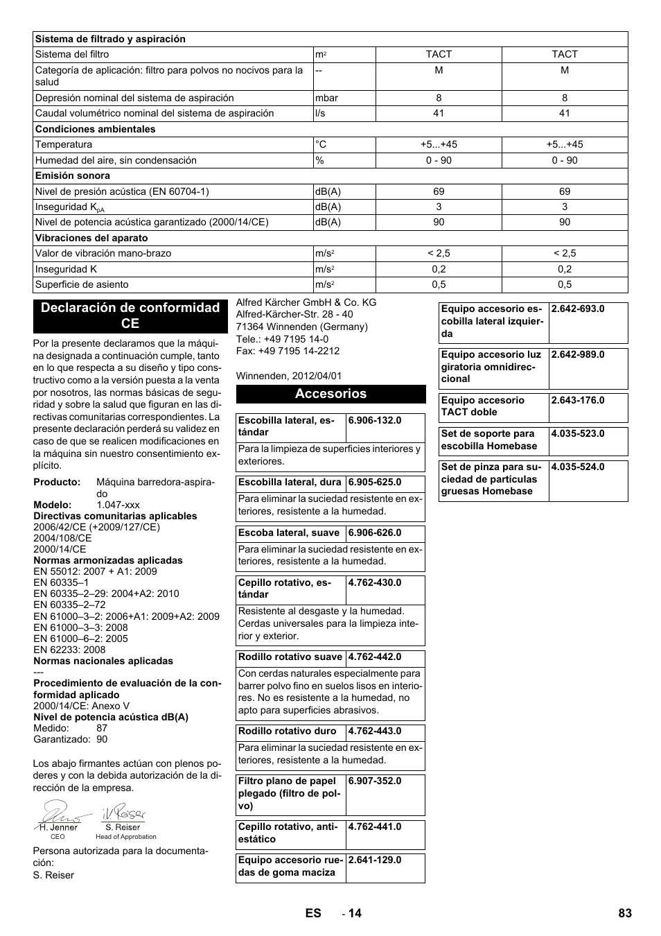 Declaración de conformidad ce, Accesorios | Karcher KM 90-60 R Bp Pack Advanced User Manual | Page 83 / 376