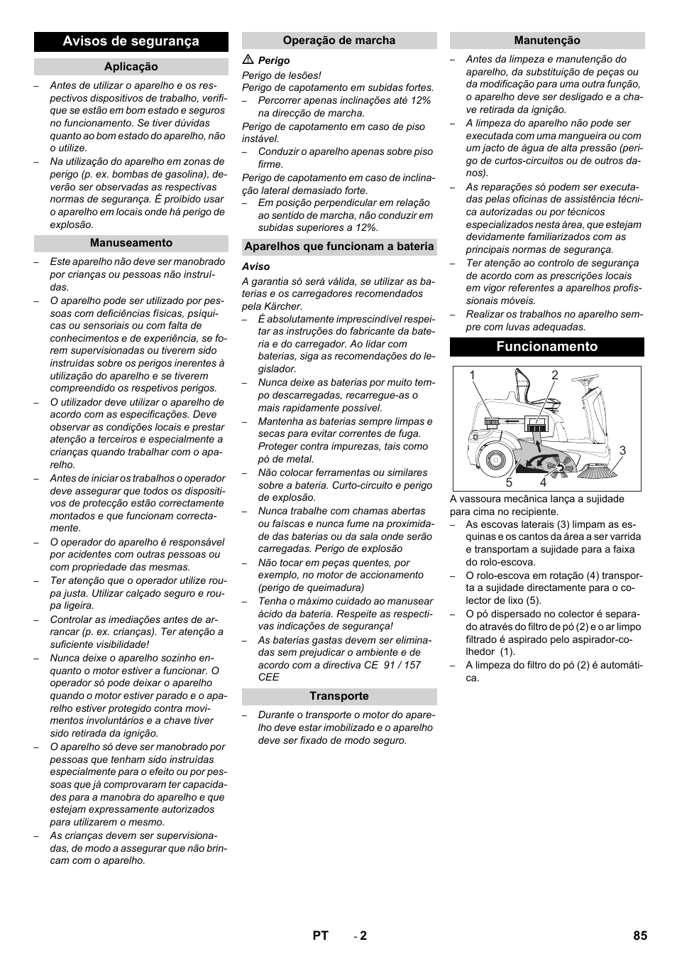 Avisos de segurança, Funcionamento | Karcher KM 90-60 R Bp Pack Advanced User Manual | Page 85 / 376