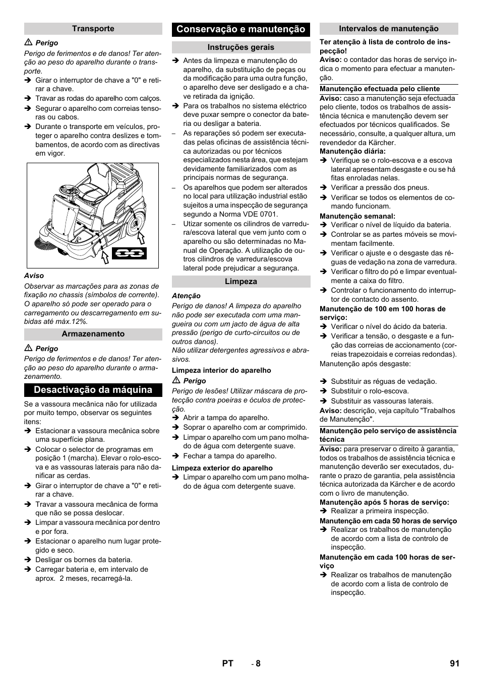 Desactivação da máquina conservação e manutenção | Karcher KM 90-60 R Bp Pack Advanced User Manual | Page 91 / 376