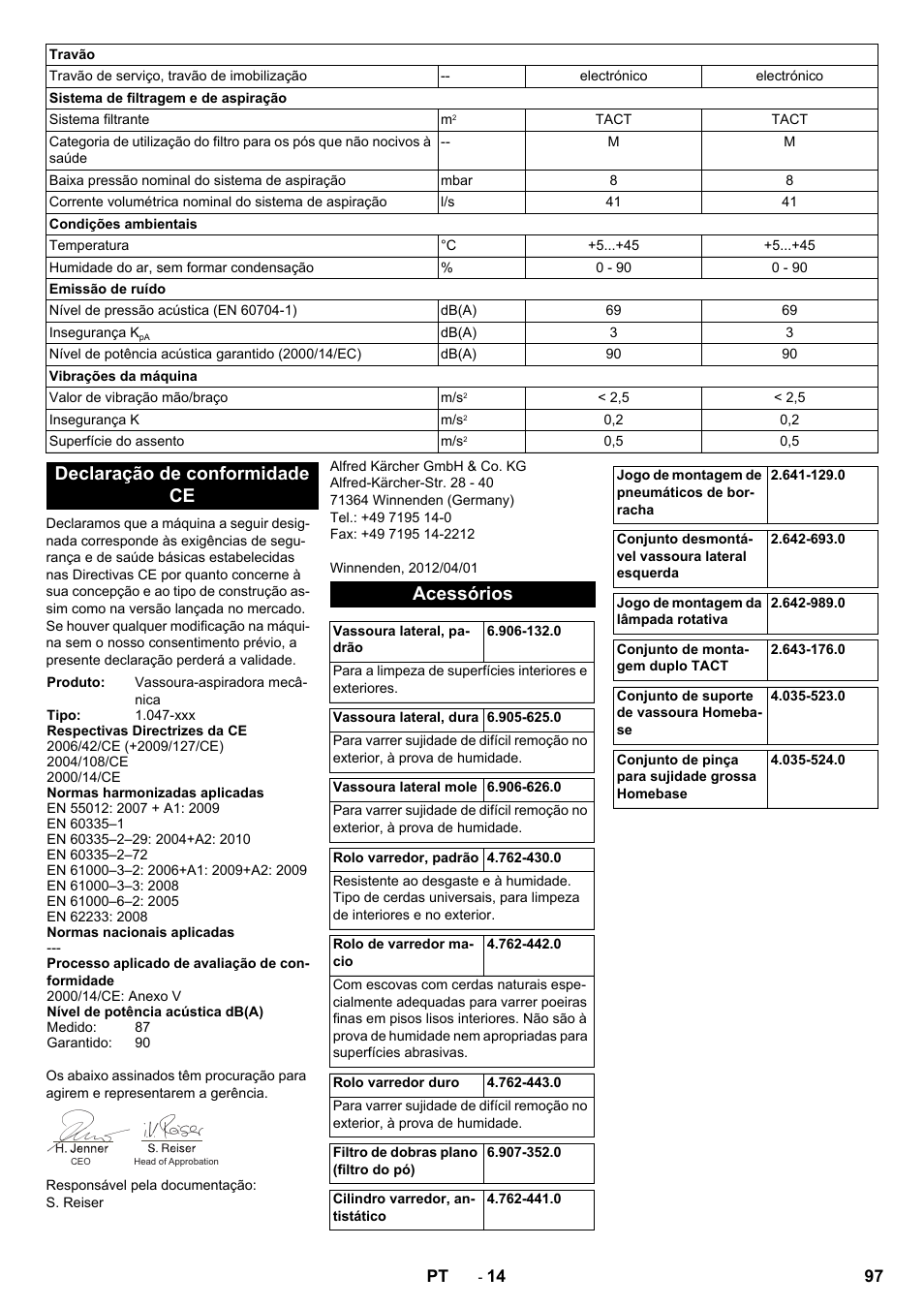 Declaração de conformidade ce, Acessórios | Karcher KM 90-60 R Bp Pack Advanced User Manual | Page 97 / 376