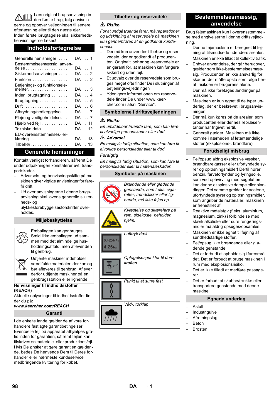 Dansk, Indholdsfortegnelse, Generelle henisninger | Bestemmelsesmæssig‚ anvendelse | Karcher KM 90-60 R Bp Pack Advanced User Manual | Page 98 / 376